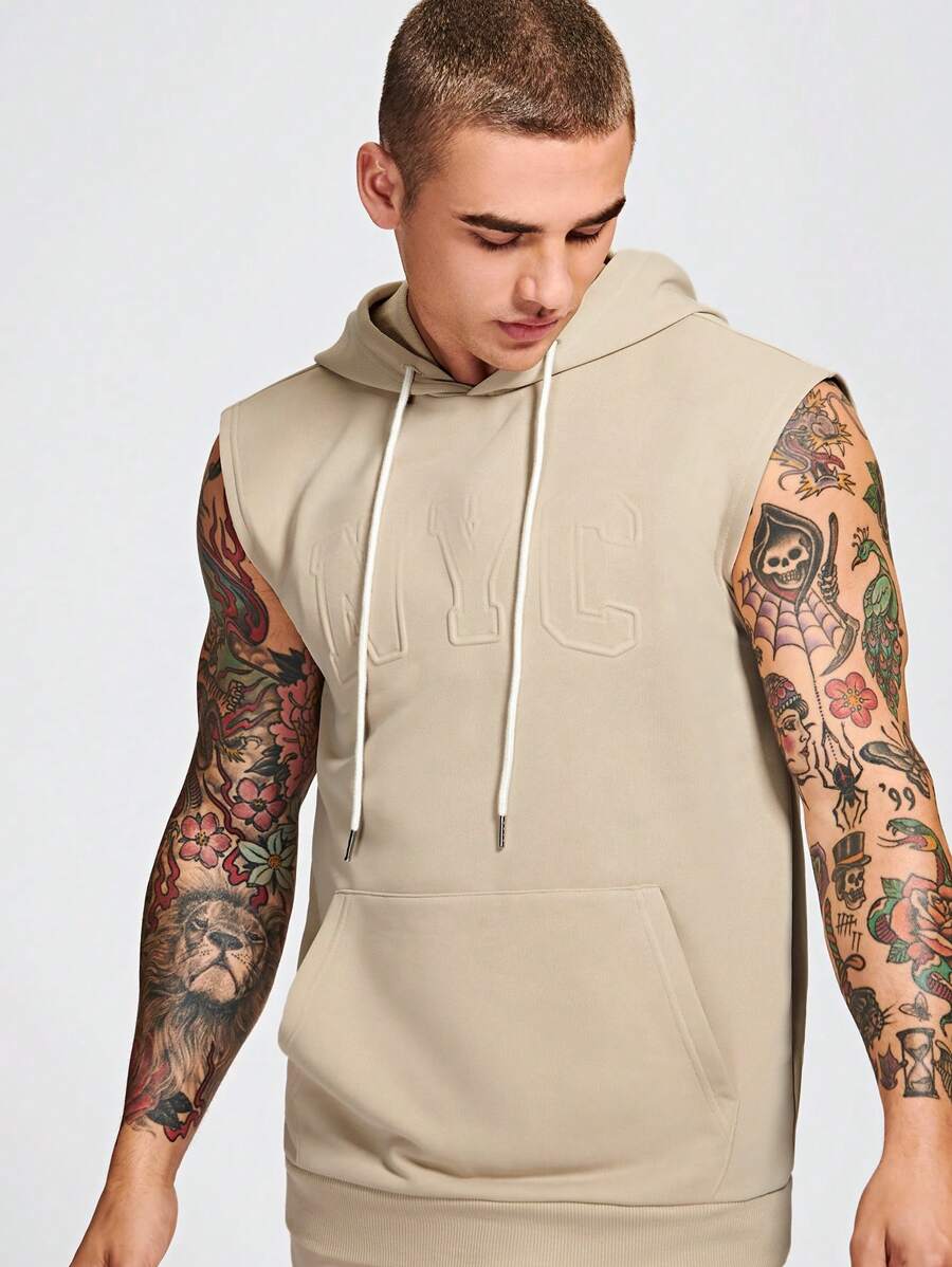 Manfinity Hypemode 男士字母圖案袋鼠口袋抽繩連帽衫 - 卡其色 - 查看 1