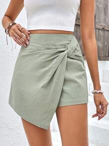 SHEIN Frenchy Quần đùi nữ Trọn gói Dây kéo màu trơn Giải trí - màu xanh lá - Xem 1