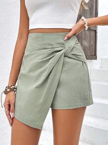 SHEIN Frenchy Quần đùi nữ Trọn gói Dây kéo màu trơn Giải trí - màu xanh lá - Xem 5