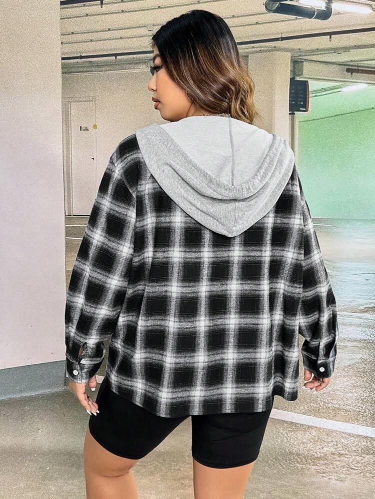 Plus Plaid Print Drop Shoulder Drawstring Hooded Coat Winter Fall Autumn