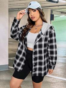 SHEIN EZwear Plus Plaid Print Drop Shoulder Drawstring Hooded Coat Winter Fall Autumn