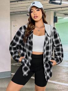 SHEIN EZwear Plus Plaid Print Drop Shoulder Drawstring Hooded Coat Winter Fall Autumn