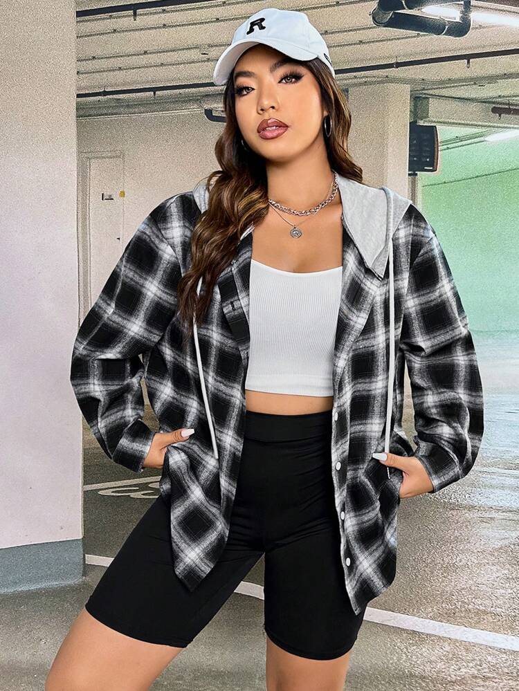 Plus Plaid Print Drop Shoulder Drawstring Hooded Coat Winter Fall Autumn