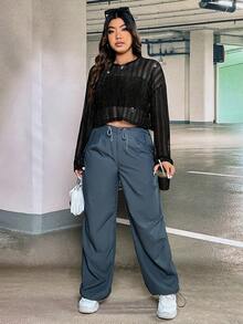 SHEIN EZwear 大碼落肩袖短款上衣不附胸罩 - 黑色 - 查看 4