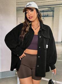 SHEIN EZwear 大碼字母貼布翻蓋口袋落肩袖燈芯絨大衣 - 黑色 - 查看 3