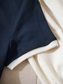 INAWLY 字母刺绣撞色领 T 恤图案 T 恤女式上衣 - 藏蓝色 - 查看 3