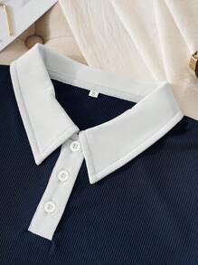 INAWLY 字母刺绣撞色领 T 恤图案 T 恤女式上衣 - 藏蓝色 - 查看 5