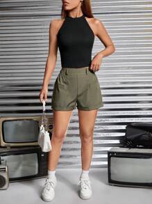 SHEIN PETITE 素色掛脖上衣和卷邊短褲 - 彩色 - 查看 5