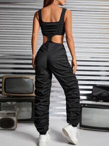 SHEIN PETITE Mono fruncido de cintura con abertura fruncido - Negro - Ver 2