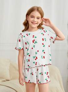 SHEIN 女大童櫻桃圖案木耳邊T恤和短褲睡衣套裝