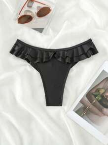 SHEIN Swim Summer Beach Ruffle Trim Bikini Bottom - Black - View 3