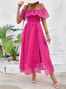 SHEIN VCAY Đầm Xù Tách cao Dải chun Cà vạt nhuộm Giải trí - Màu Hồng Tươi - Xem 3