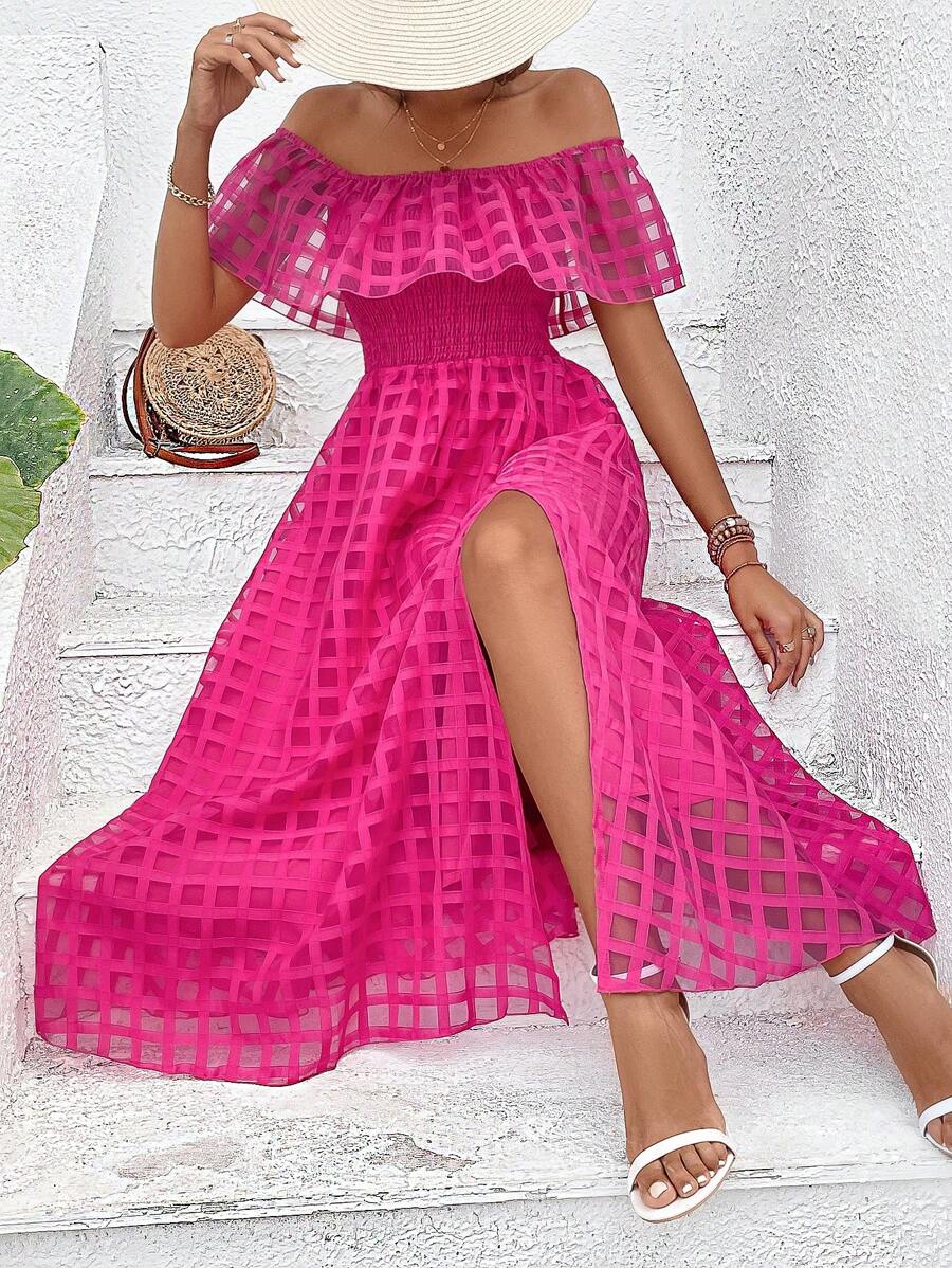 SHEIN VCAY Đầm Xù Tách cao Dải chun Cà vạt nhuộm Giải trí - Màu Hồng Tươi - Xem 1