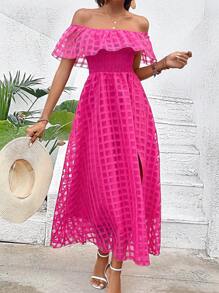 SHEIN VCAY Đầm Xù Tách cao Dải chun Cà vạt nhuộm Giải trí - Màu Hồng Tươi - Xem 4