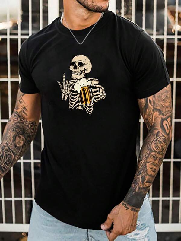 AXEPEAK Men's Funny Cotton Skeleton Graphic Print Short Sleeve Tee, For Going Out, For Friends, Streetwear Essentials