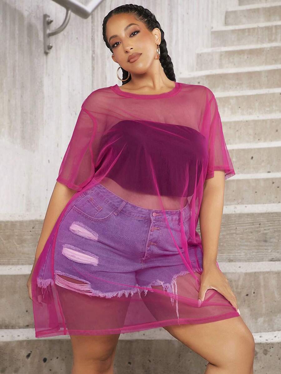SHEIN CURVE+ Plus Drop Shoulder Mesh Dress Without Tube Top - Hot Pink - View 1