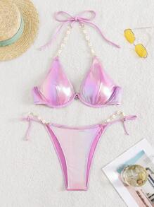 珍珠細節帶鋼圈比基尼泳裝 - 紫丁香色 - 查看 4