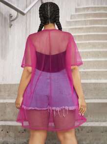 SHEIN CURVE+ Plus Drop Shoulder Mesh Dress Without Tube Top - Hot Pink - View 2