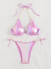 珍珠細節帶鋼圈比基尼泳裝 - 紫丁香色 - 查看 6