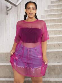 SHEIN CURVE+ Plus Drop Shoulder Mesh Dress Without Tube Top - Hot Pink - View 4