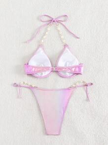 珍珠細節帶鋼圈比基尼泳裝 - 紫丁香色 - 查看 7