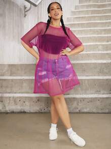 SHEIN CURVE+ Plus Drop Shoulder Mesh Dress Without Tube Top - Hot Pink - View 5