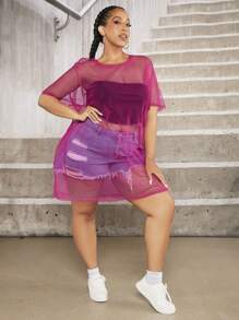 SHEIN CURVE+ Plus Drop Shoulder Mesh Dress Without Tube Top - Hot Pink - View 6