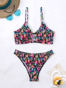 SHEIN Swim 印花打褶比基尼泳裝 - 彩色 - 查看 3