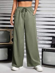 SHEIN PETITE Drawstring Waist Wide Leg Pants - Army Green - View 3
