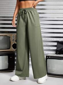 SHEIN PETITE Drawstring Waist Wide Leg Pants - Army Green - View 5