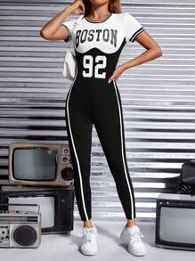 SHEIN PETITE Letter Graphic Two Tone Contrast Binding Unitard Jumpsuit - Black and White - View 3