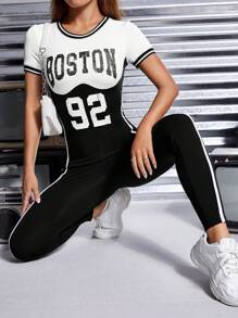 SHEIN PETITE Letter Graphic Two Tone Contrast Binding Unitard Jumpsuit - Black and White - View 1