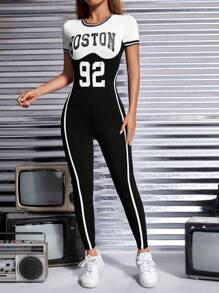 SHEIN PETITE Letter Graphic Two Tone Contrast Binding Unitard Jumpsuit - Black and White - View 4