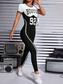 SHEIN PETITE Letter Graphic Two Tone Contrast Binding Unitard Jumpsuit - Black and White - View 5