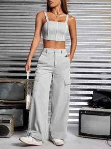 SHEIN PETITE Solid Cami Top & Flap Pocket Wide Leg Trousers - Light Grey - View 3