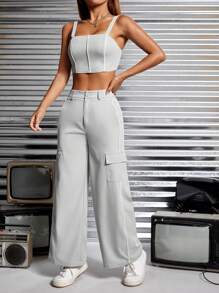 SHEIN PETITE Solid Cami Top & Flap Pocket Wide Leg Trousers - Light Grey - View 5