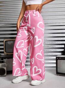 SHEIN PETITE Heart Print Wide Leg Trousers - Multicolor - View 4