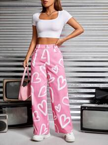 SHEIN PETITE Heart Print Wide Leg Trousers - Multicolor - View 5