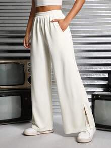 SHEIN PETITE Split Hem Wide Leg Sweatpants - Beige - View 3