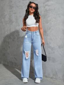 SHEIN EZwear 藍色破洞闊腿牛仔褲 - 淺色水洗藍 - 查看 4