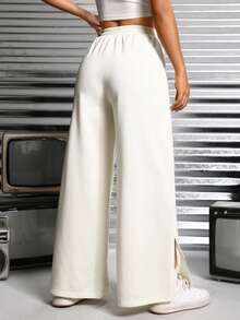 SHEIN PETITE Split Hem Wide Leg Sweatpants - Beige - View 2
