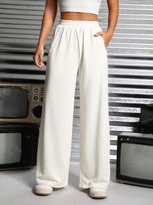 SHEIN PETITE Split Hem Wide Leg Sweatpants - Beige - View 4