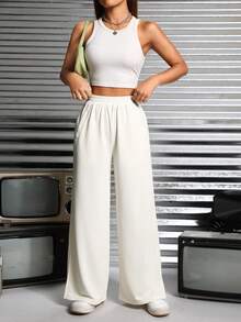 SHEIN PETITE Split Hem Wide Leg Sweatpants - Beige - View 5