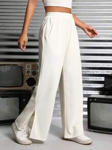 SHEIN PETITE Split Hem Wide Leg Sweatpants - Beige - View 1