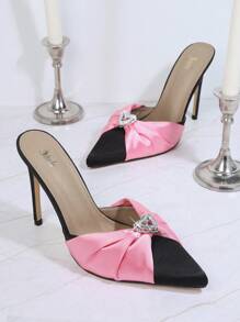 Tacones de satén dedo de pie puntiagudo con corazón con diamante de imitación - Rosa - Ver 2