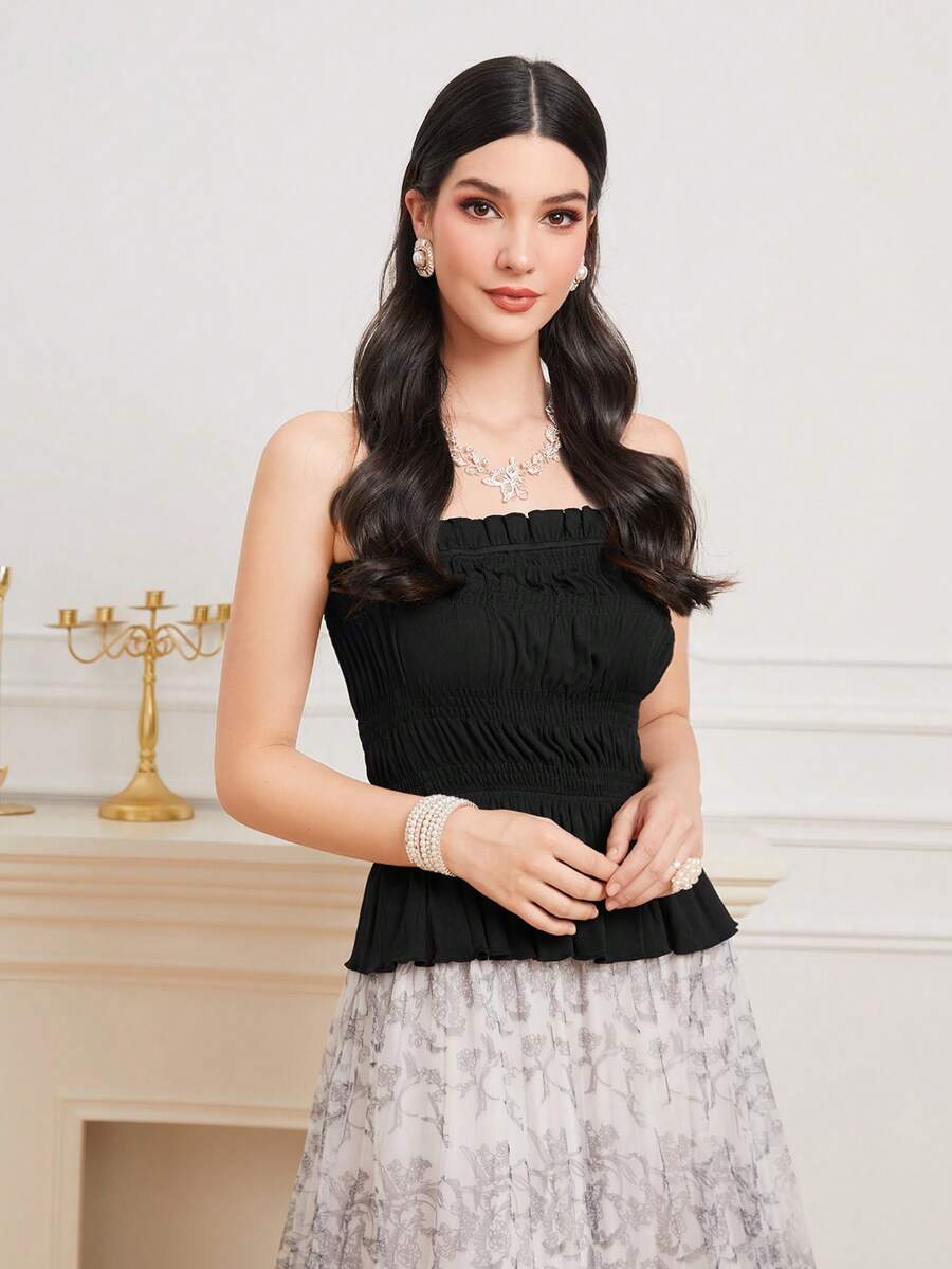 Modelyn Top bandeau unicolor bajo con fruncido - Negro - Ver 1