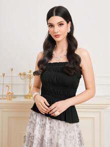 Modelyn Top bandeau unicolor bajo con fruncido - Negro - Ver 4