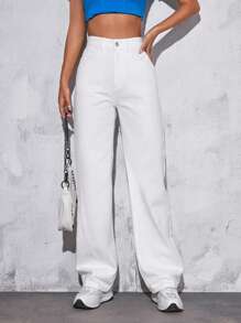 SHEIN PETITE Solid Straight Leg Jeans - White - View 1