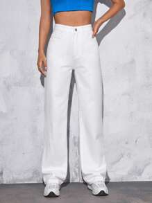 SHEIN PETITE Solid Straight Leg Jeans - White - View 3