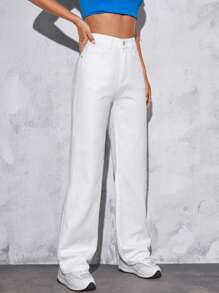 SHEIN PETITE Solid Straight Leg Jeans - White - View 4